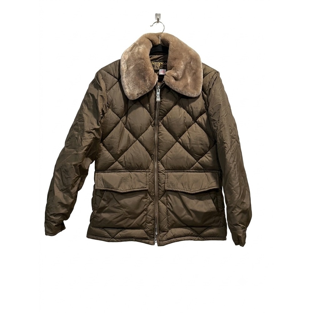 Vintage Tempco Goose Down Puffer Jacket Brown Diamond Quilt Faux Fur Collar 44